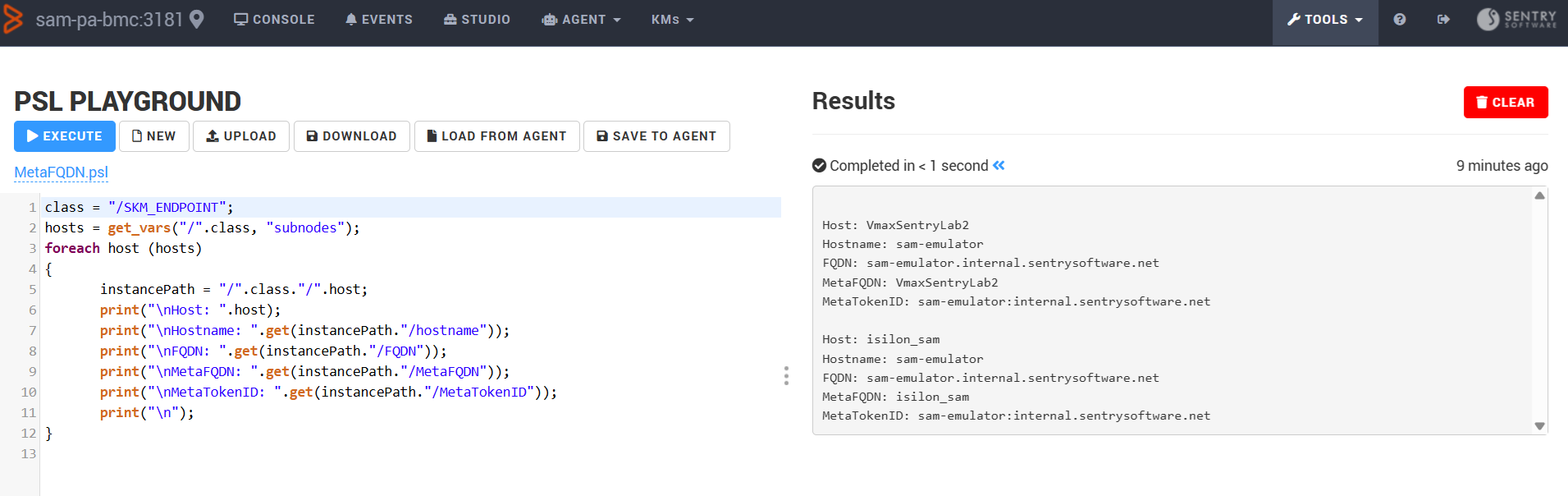 Running a PSL script to obtain the MetaFQDN set by the KM